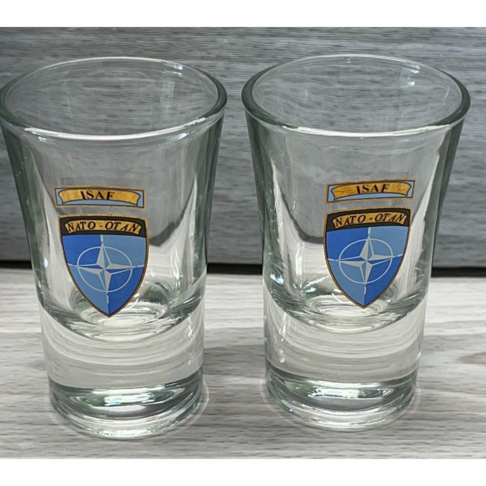 ISAF NATO OTAN Shot Glass Set Vintage  Logo Afghanistan Security Force 3 In Tall